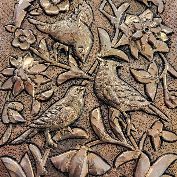 Old Persian Metalwork Handhammered with Relief Birds on Flowers in Khatam Frame - Picture 5 of 6
